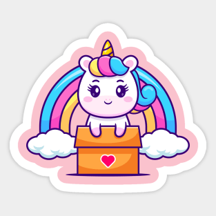 Cute Unicorn In Box With Rainbow Cartoon Sticker